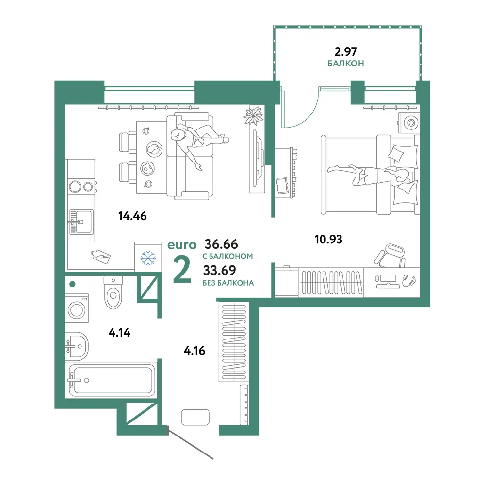 Планировка: Юнион 2-комнатная 36,66м²