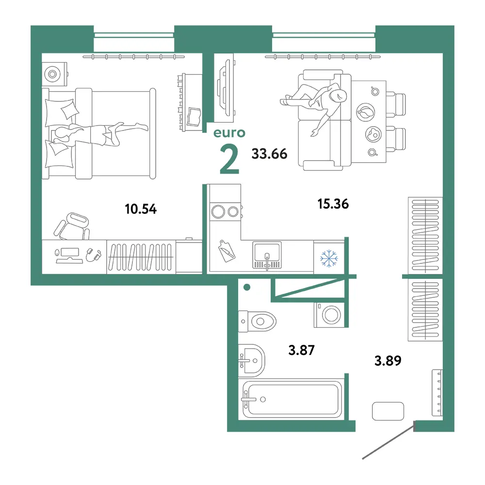 Планировка: Юнион 2-комнатная 33,66м²