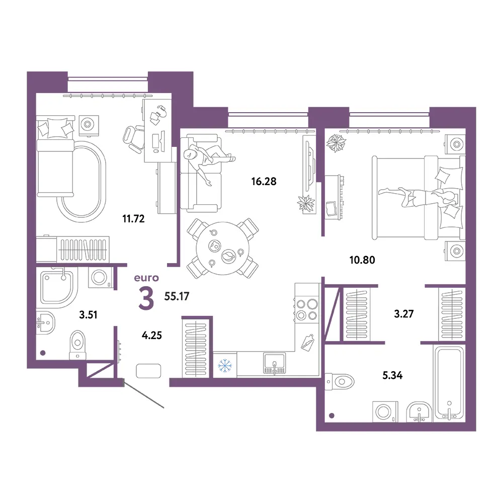 Планировка: Юнион 3-комнатная 55,17м²