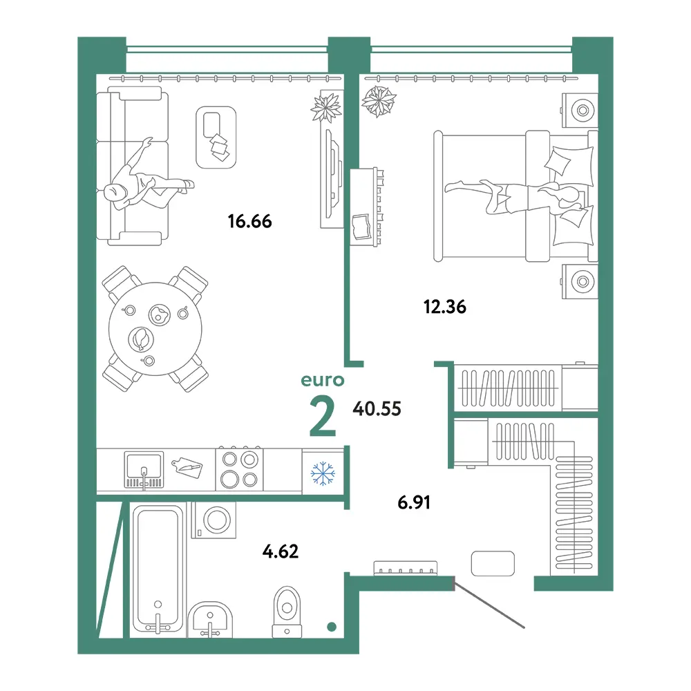 Планировка: Юнион 2-комнатная 40,55м²