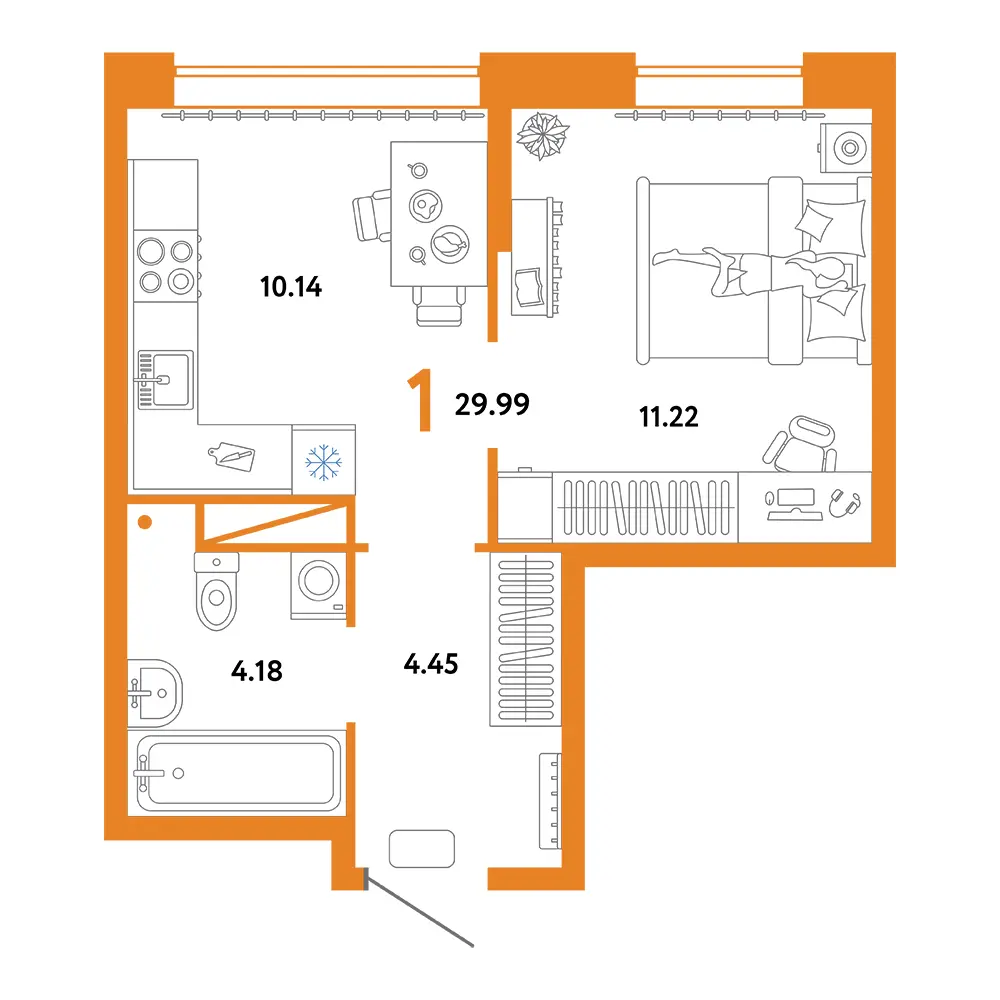 Планировка: Юнион 1-комнатная 29,99м²