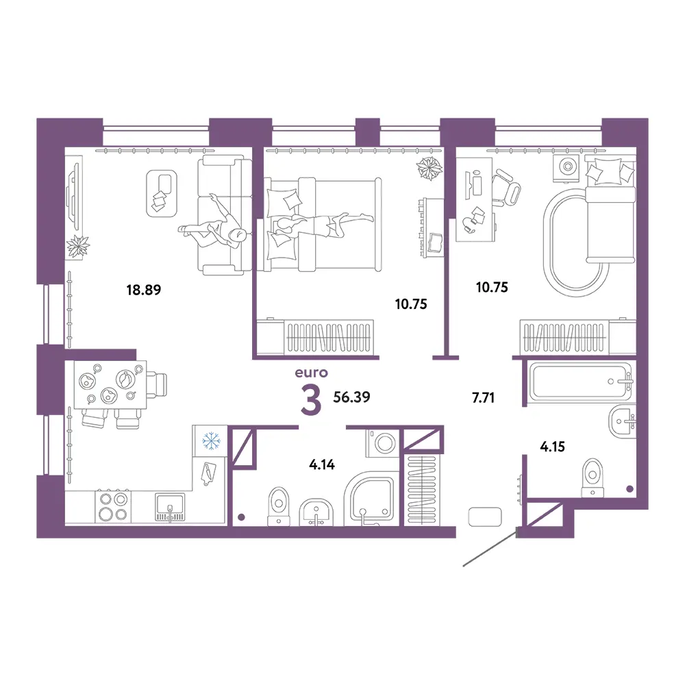 Планировка: Юнион 3-комнатная 56,39м²