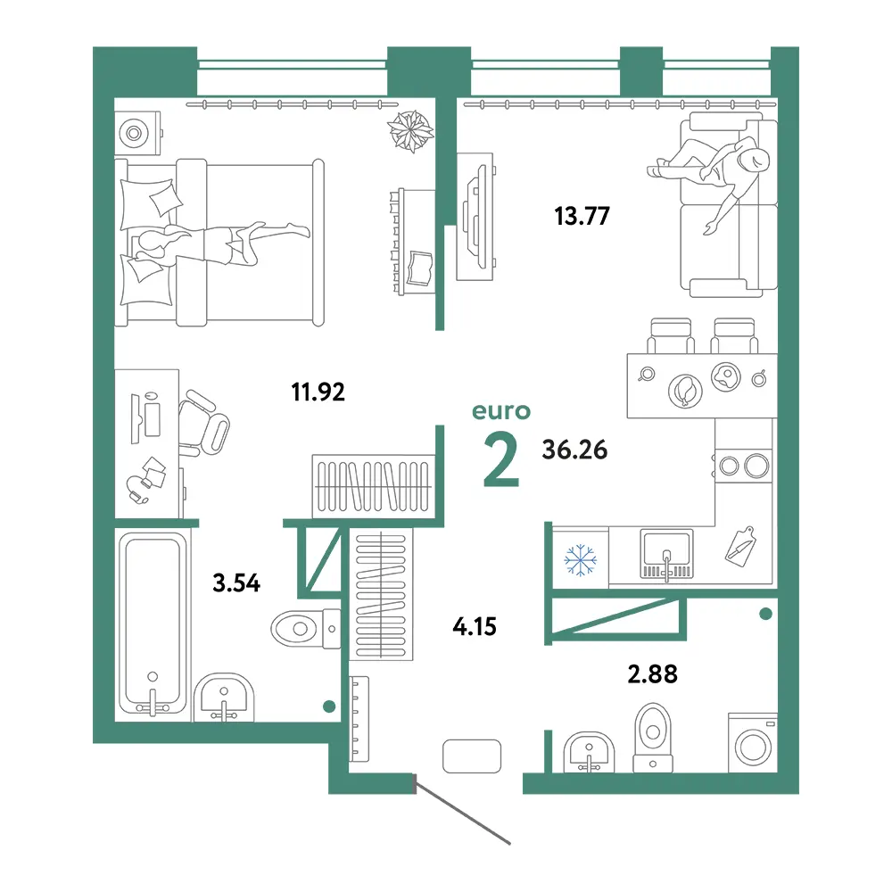 Планировка: Юнион 2-комнатная 36,26м²