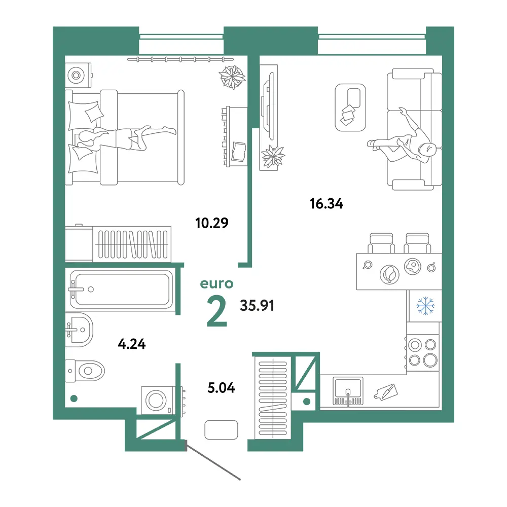 Планировка: Юнион 2-комнатная 35,91м²