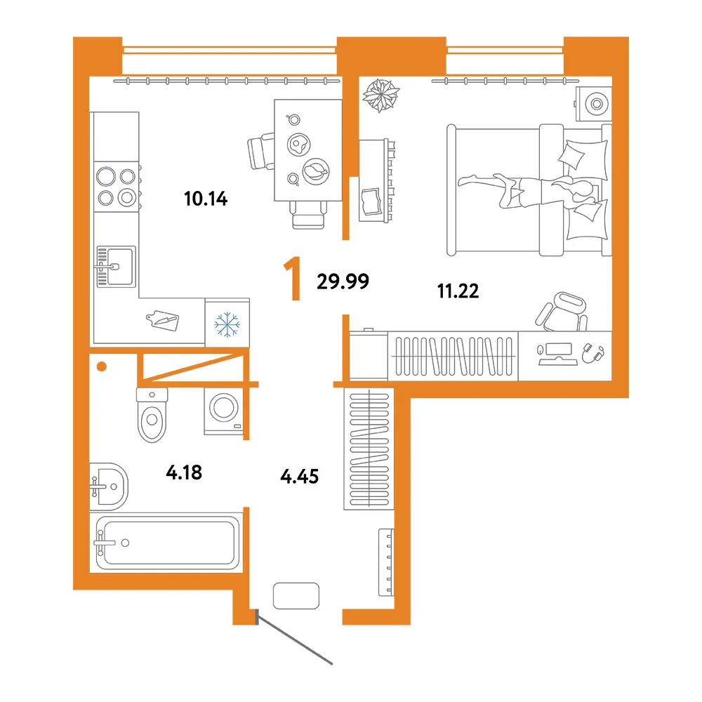 Планировка: Юнион 1-комнатная 29,99м²