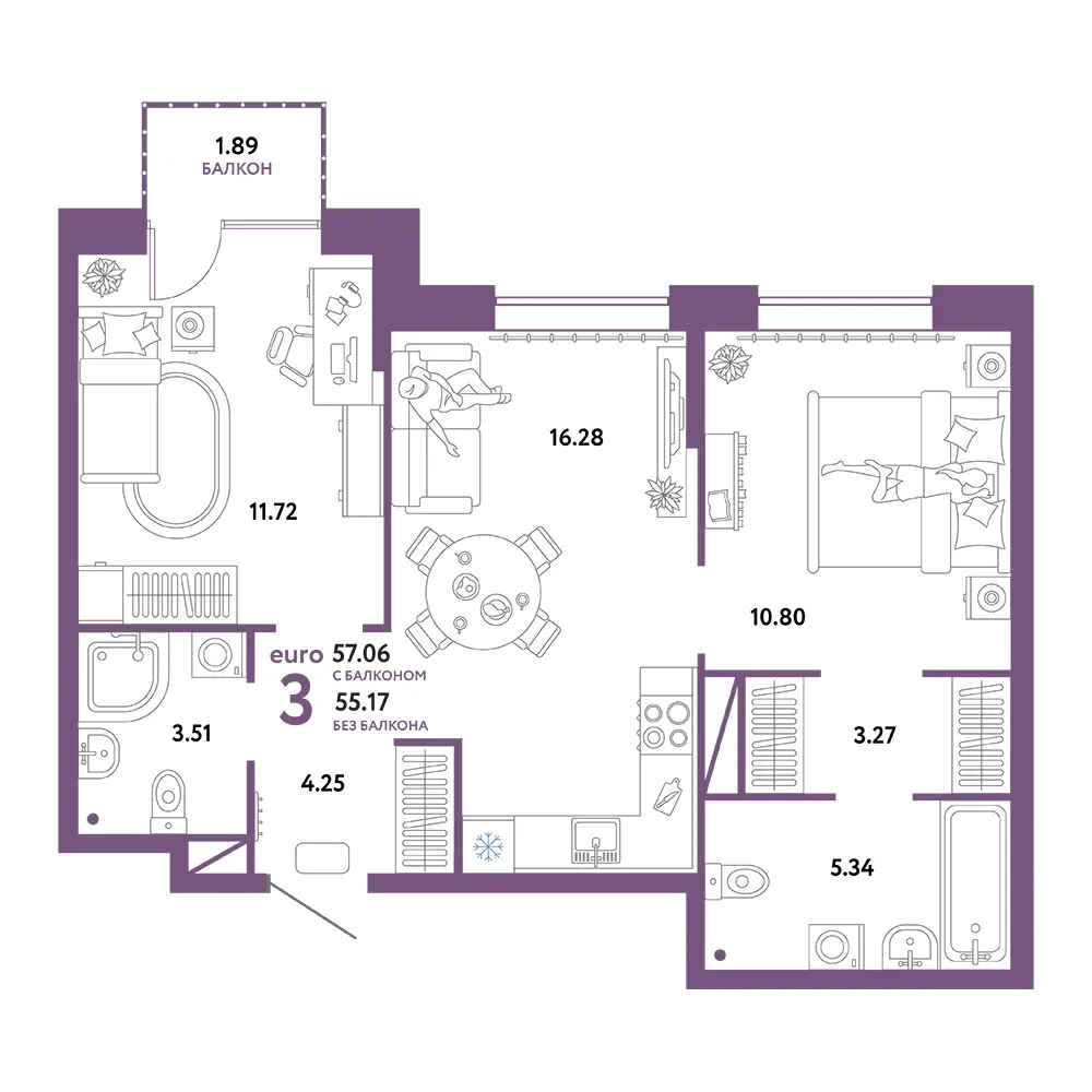 Планировка: Юнион 3-комнатная 57,06м²