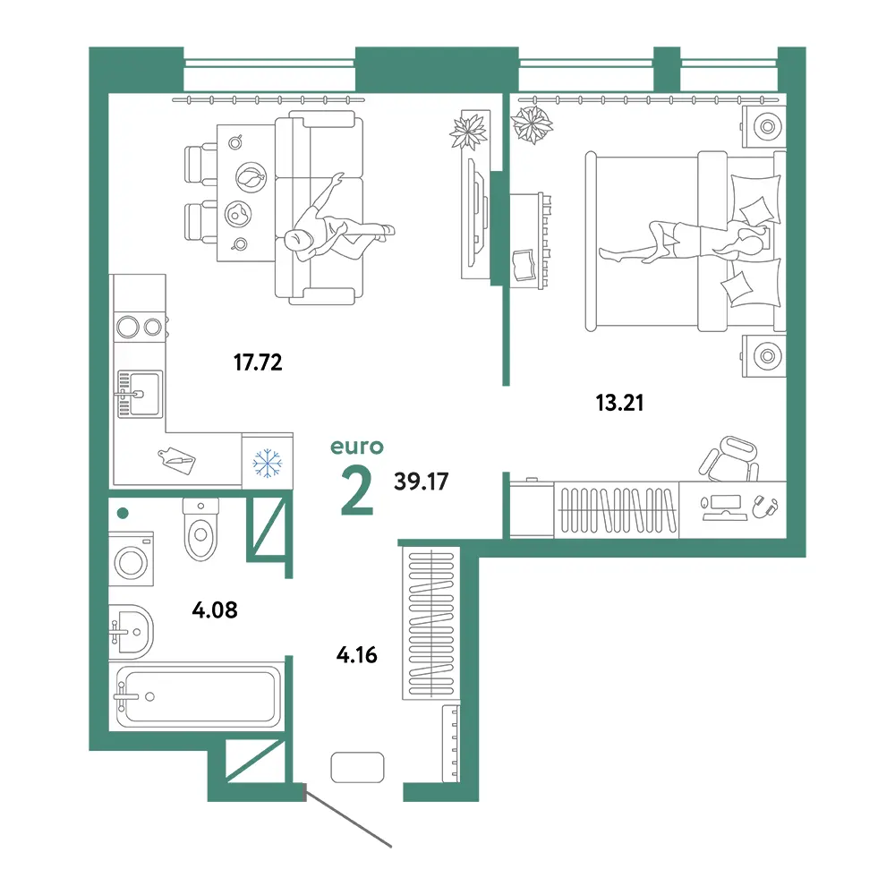 Планировка: Юнион 2-комнатная 39,17м²