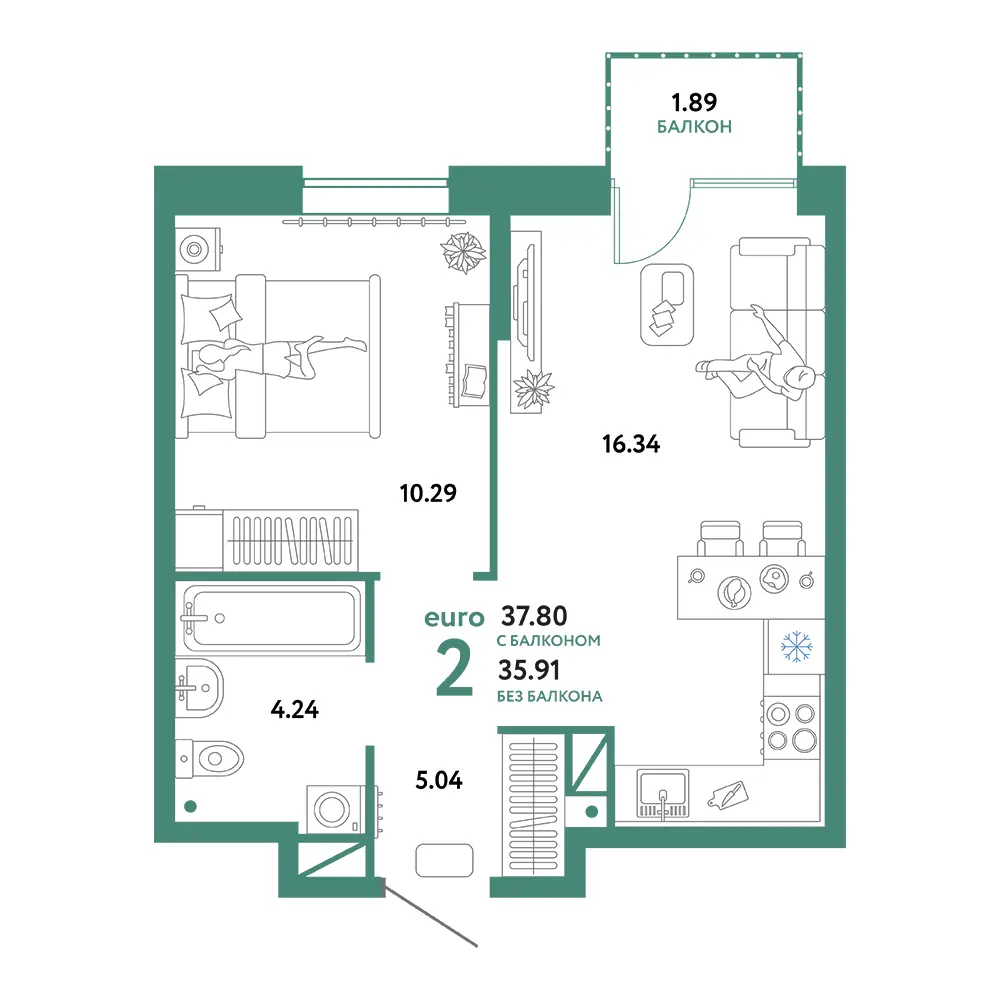 Планировка: Юнион 2-комнатная 37,80м²