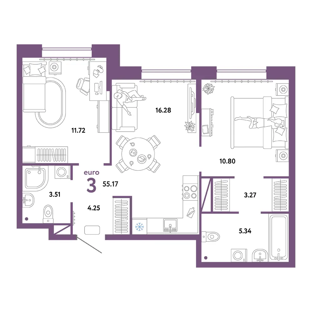 Планировка: Юнион 3-комнатная 55,17м²