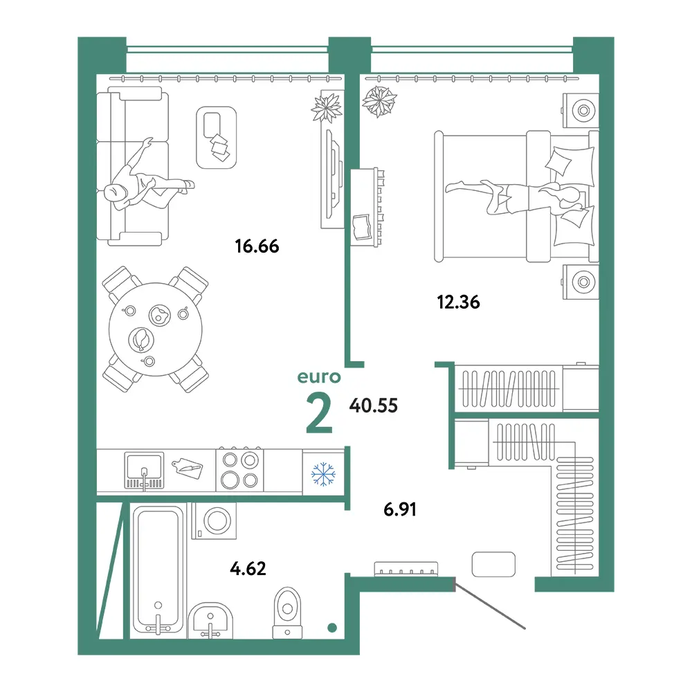 Планировка: Юнион 2-комнатная 40,55м²
