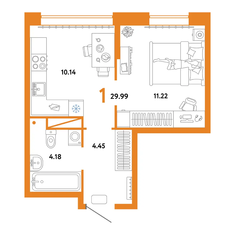 Планировка: Юнион 1-комнатная 29,99м²