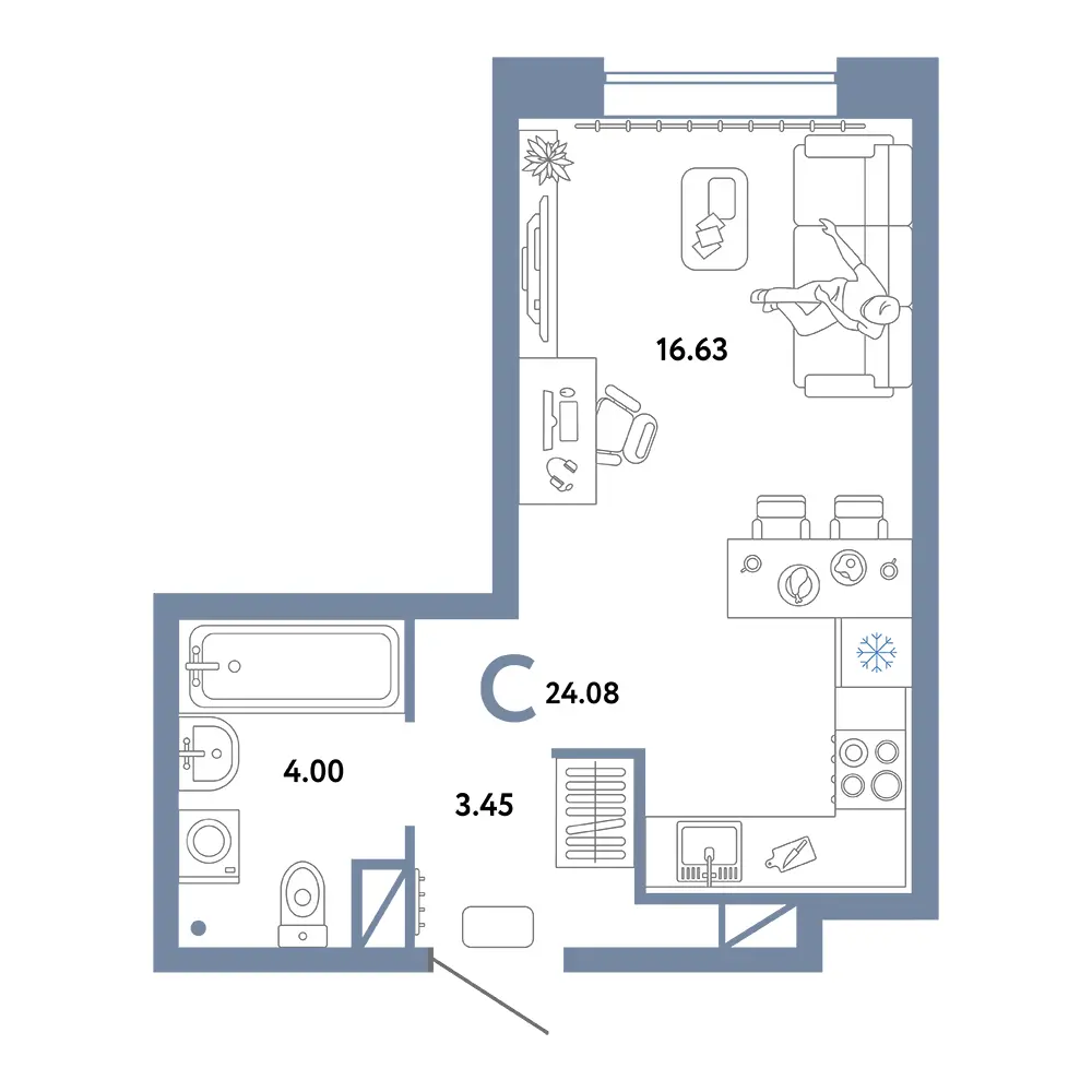 Планировка: Юнион Студия 24,08м²