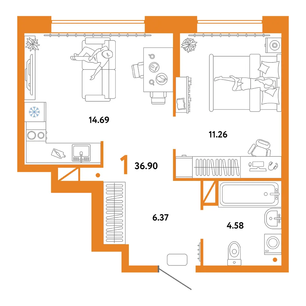 Планировка: Юнион 1-комнатная 36,90м²