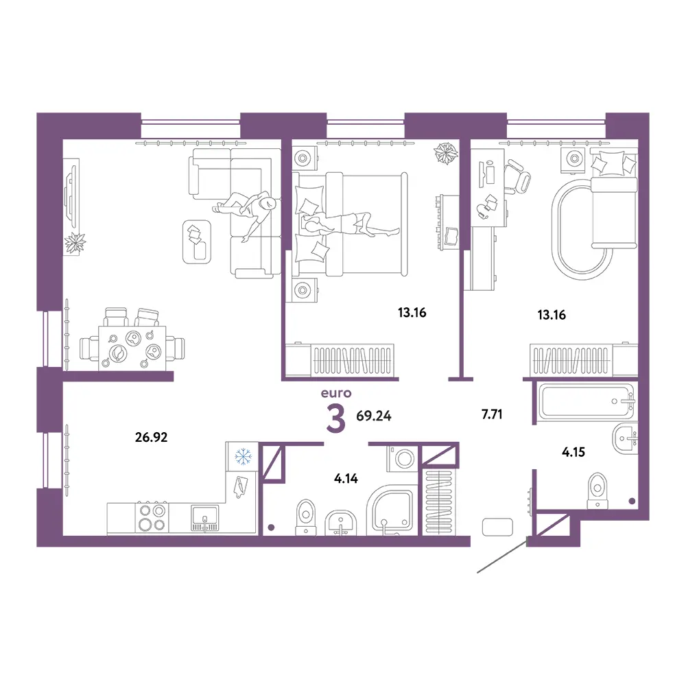 Планировка: Юнион 3-комнатная 69,24м²