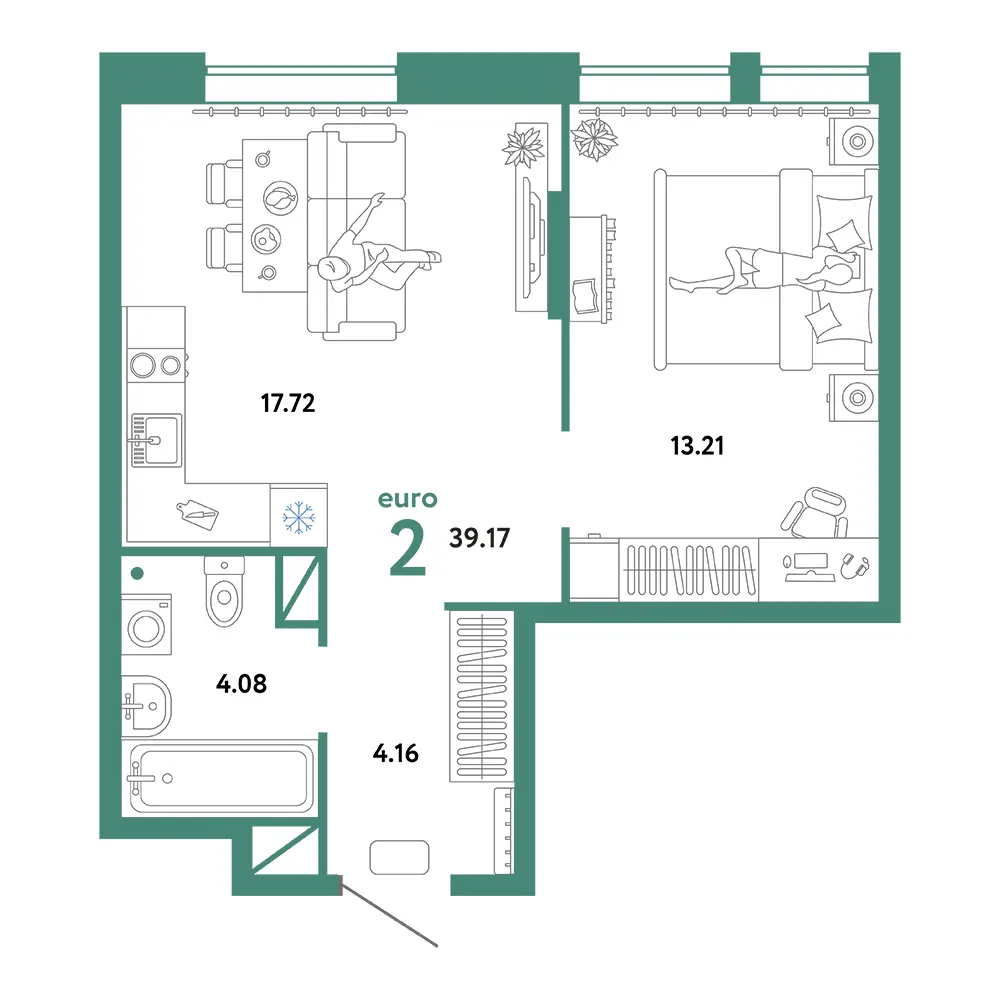 Планировка: Юнион 2-комнатная 37,17м²