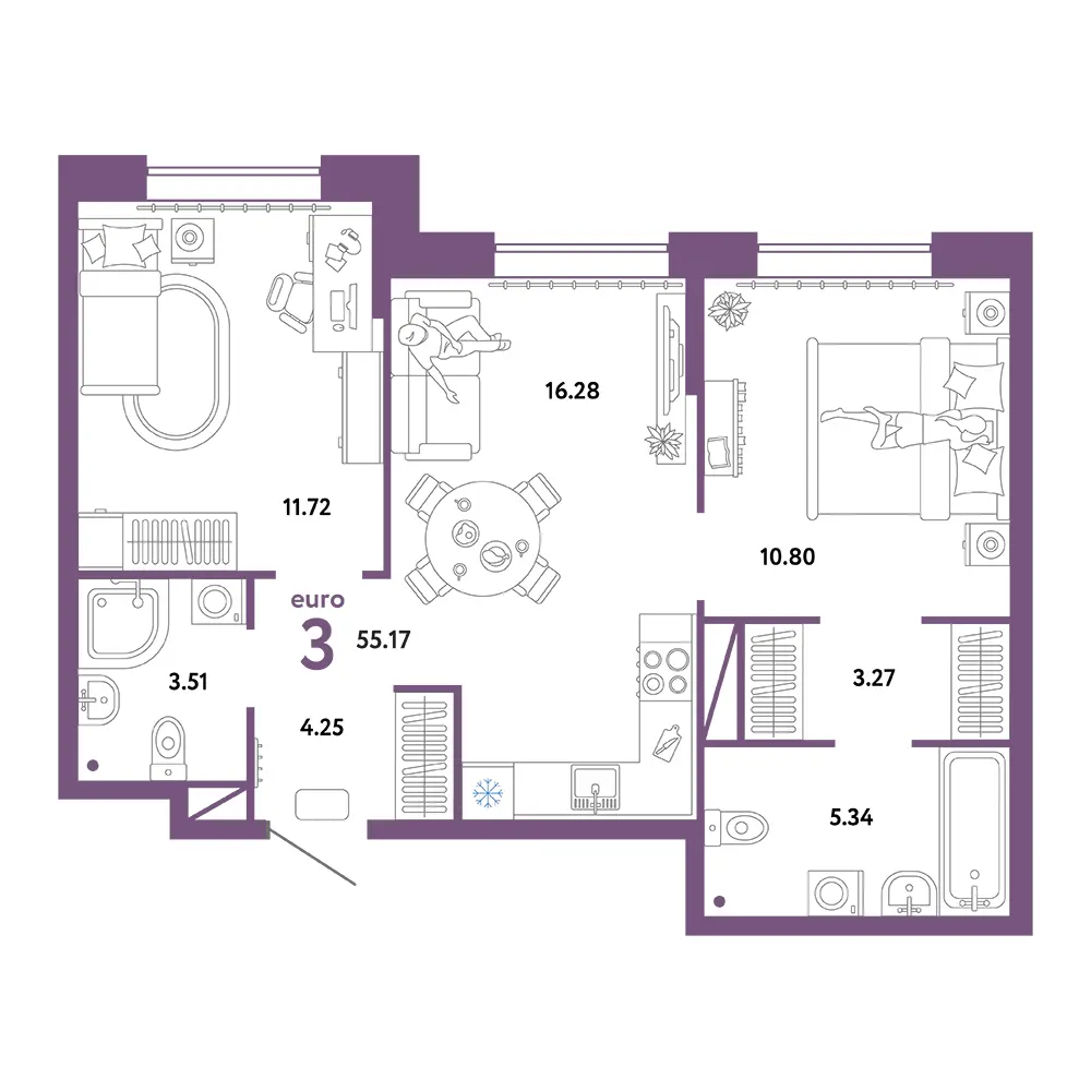 Планировка: Юнион 3-комнатная 55,17м²