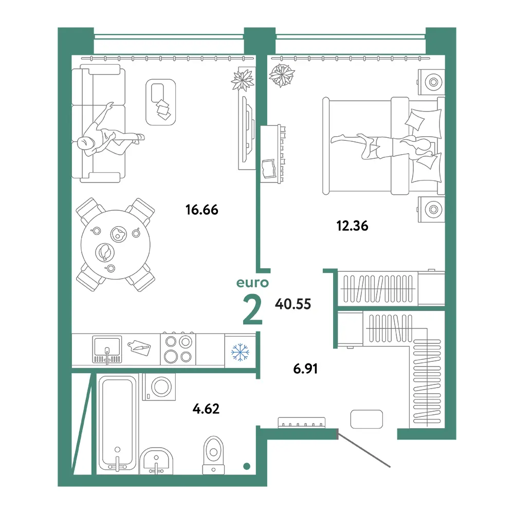 Планировка: Юнион 2-комнатная 40,55м²