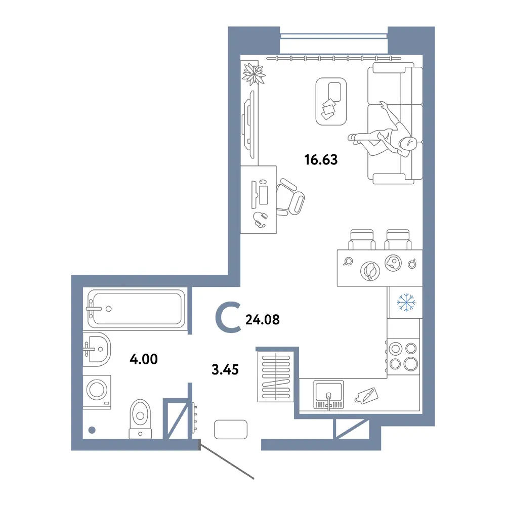 Планировка: Юнион Студия 24,08м²