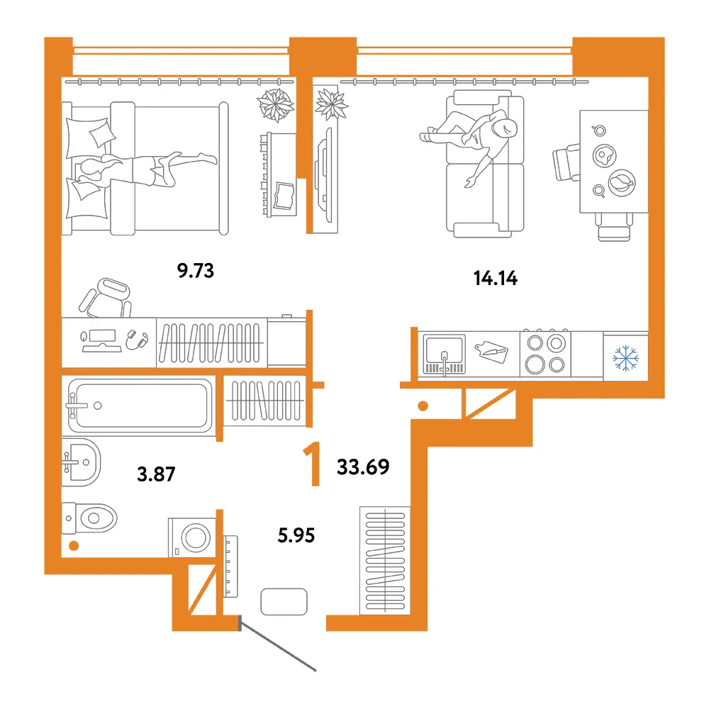 Планировка: Юнион 1-комнатная 33,69м²