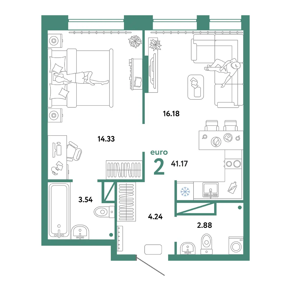 Планировка: Юнион 2-комнатная 41,17м²
