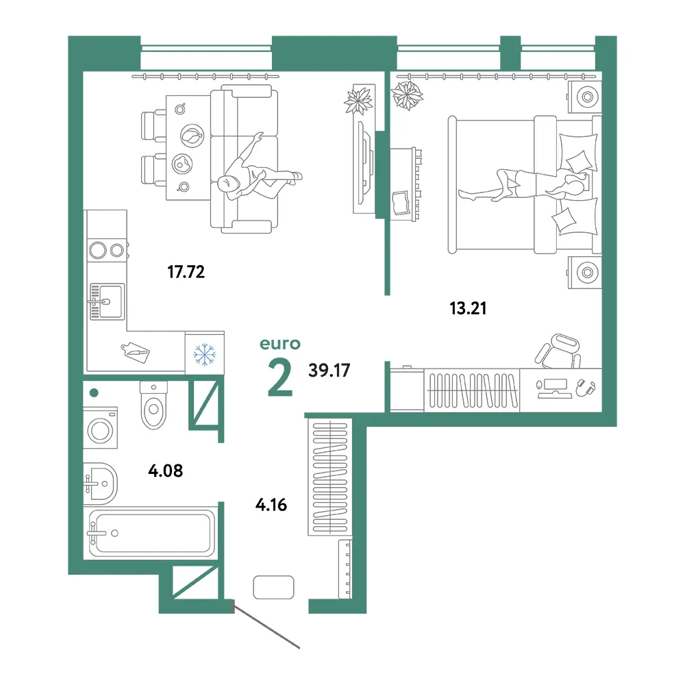Планировка: Юнион 2-комнатная 39,17м²