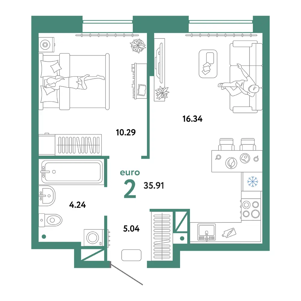 Планировка: Юнион 2-комнатная 35,91м²