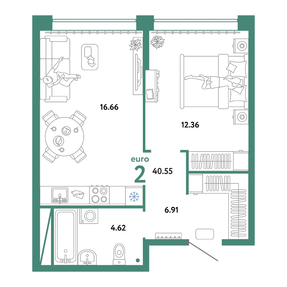 Планировка: Юнион 2-комнатная 40,55м²