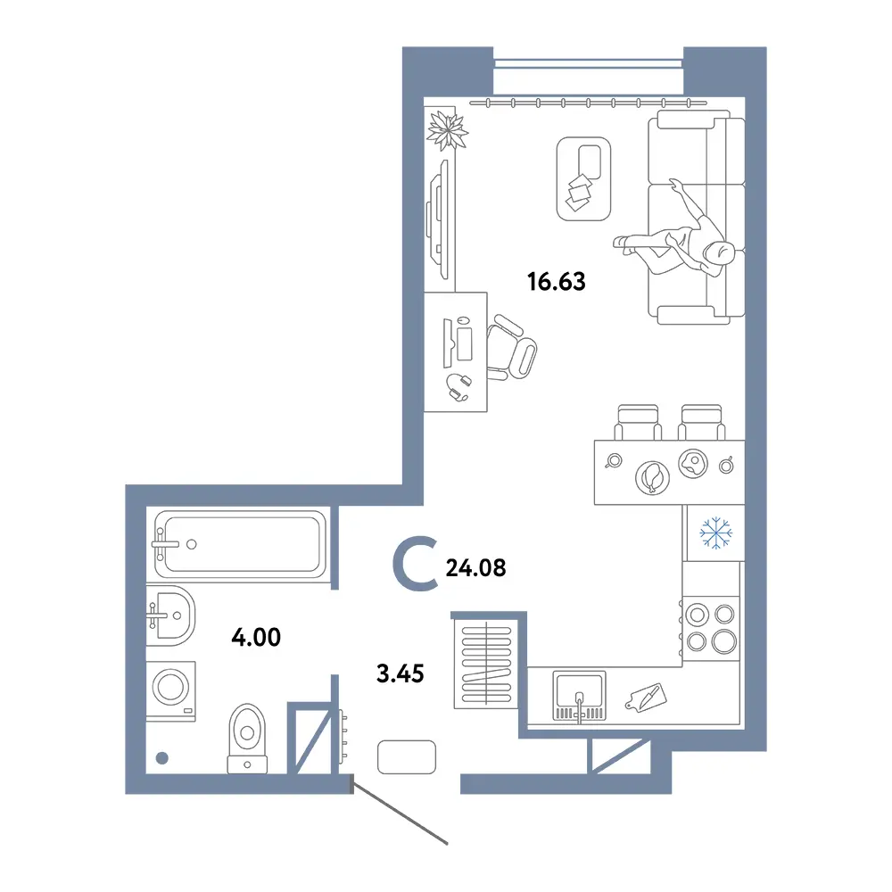 Планировка: Юнион Студия 24,08м²