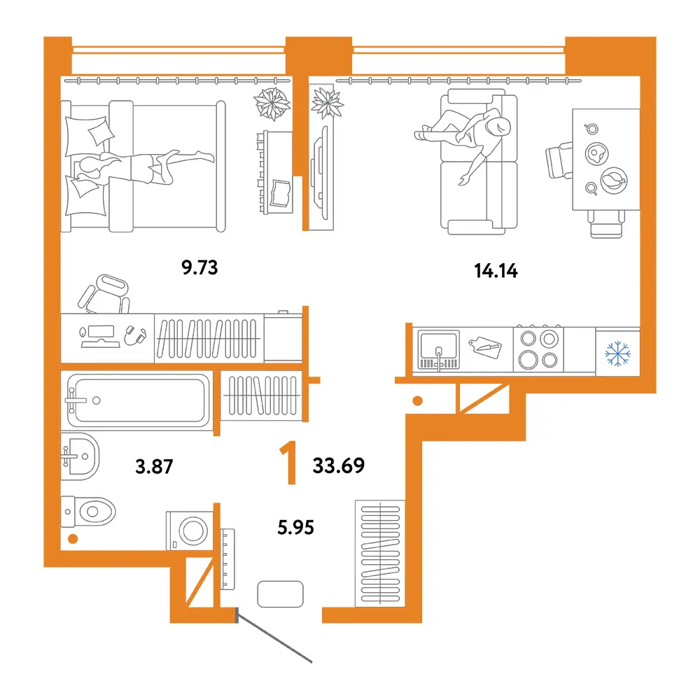 Планировка: Юнион 1-комнатная 33,69м²