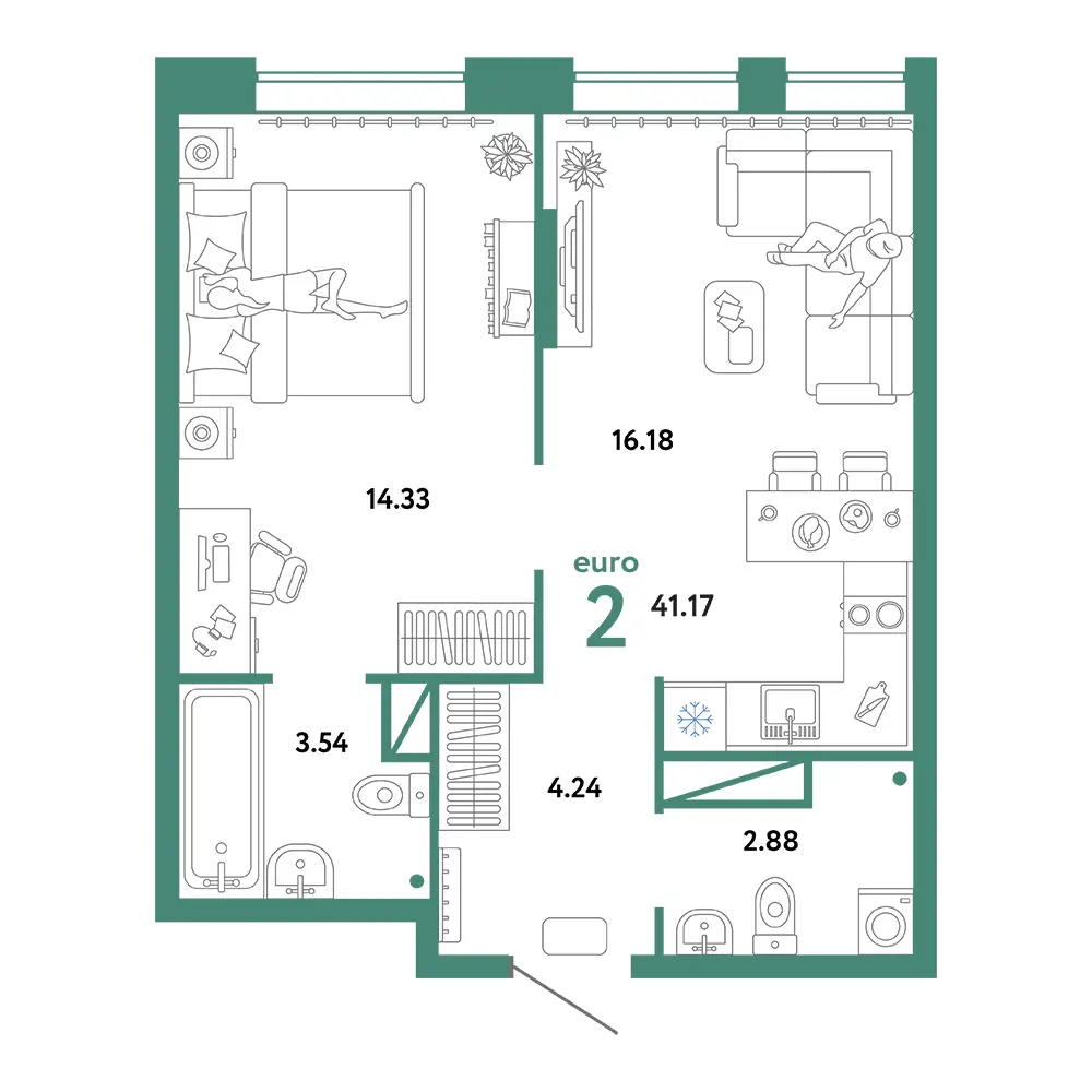 Планировка: Юнион 2-комнатная 41,17м²