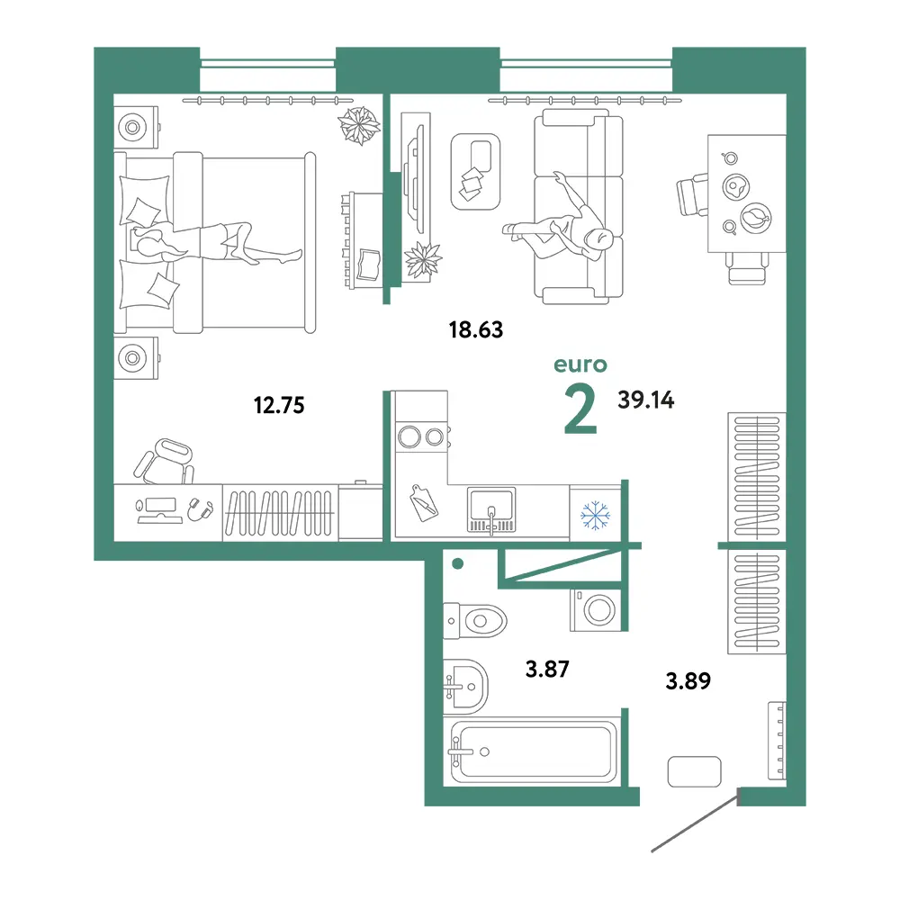 Планировка: Юнион 2-комнатная 39,14м²