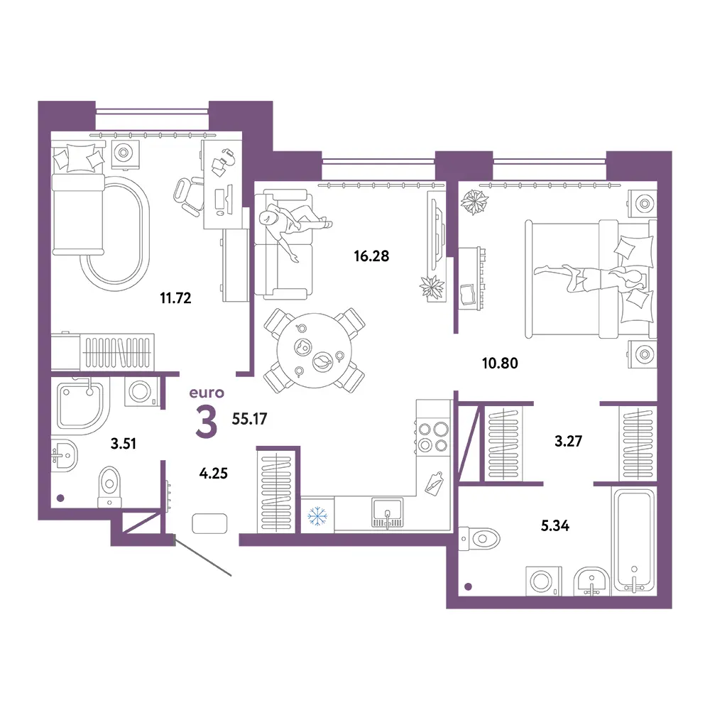 Планировка: Юнион 3-комнатная 55,17м²