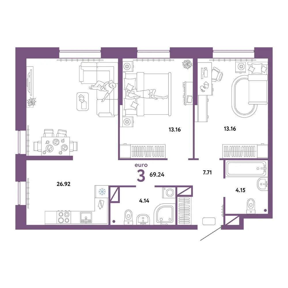 Планировка: Юнион 3-комнатная 69,24м²