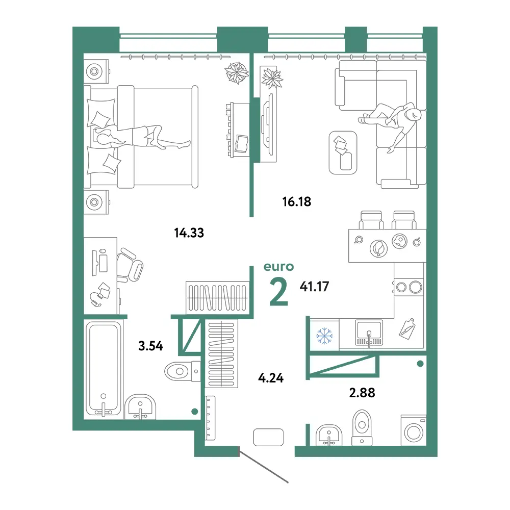 Планировка: Юнион 2-комнатная 41,17м²