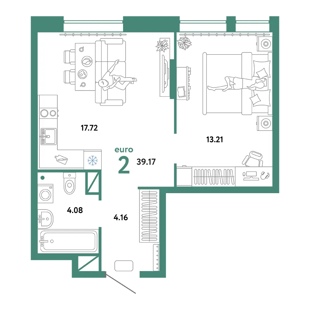 Планировка: Юнион 2-комнатная 39,17м²