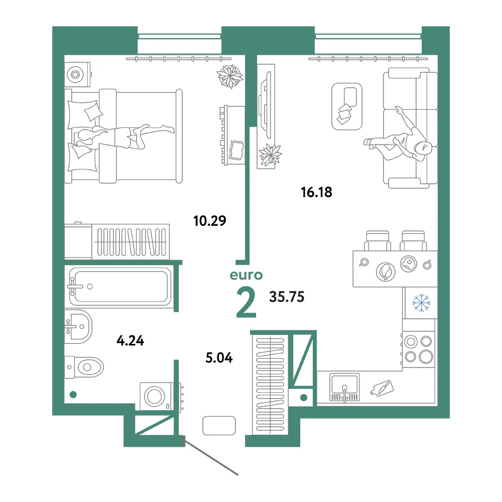 Планировка: Юнион 2-комнатная 35,75м²