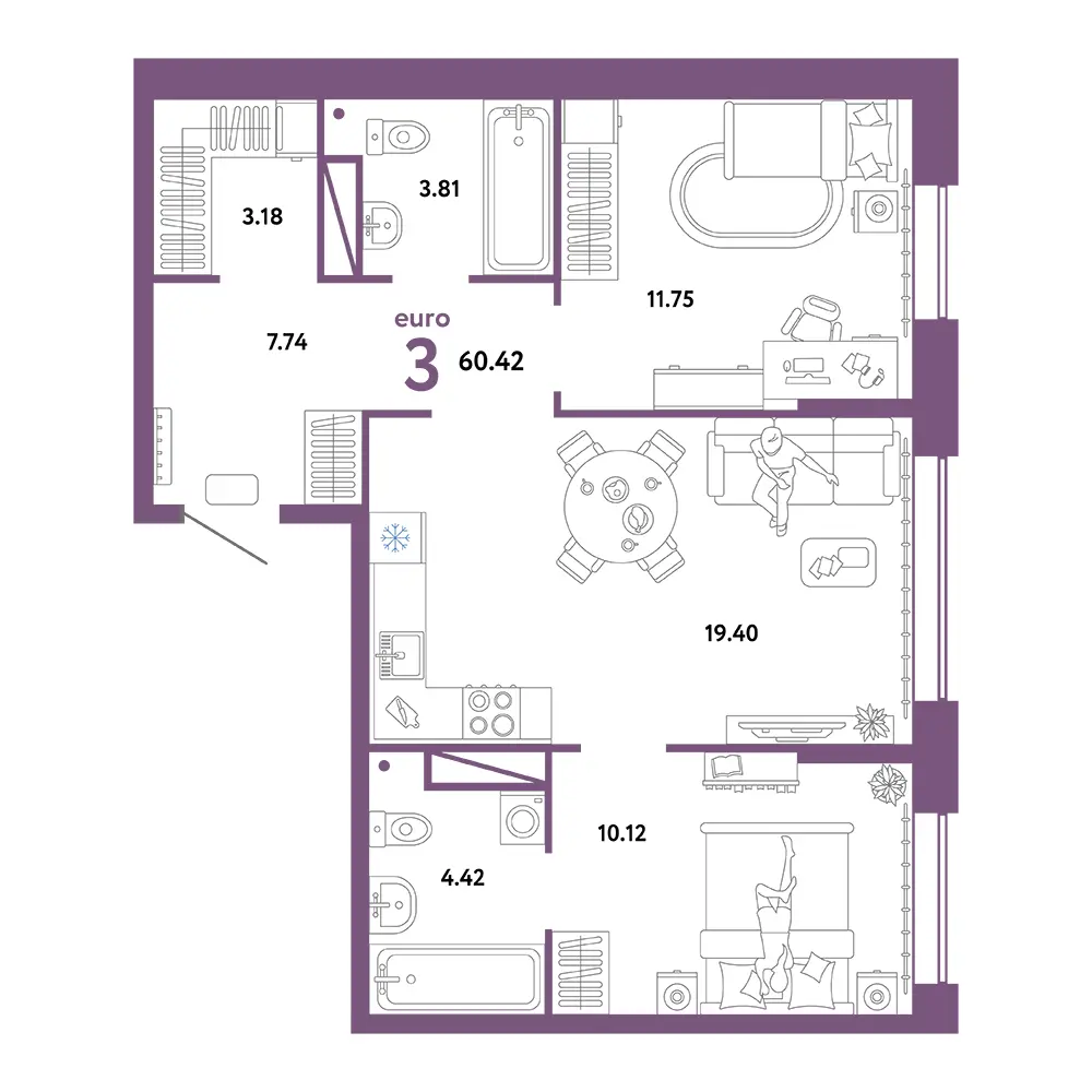Планировка: Юнион 3-комнатная 60,42м²