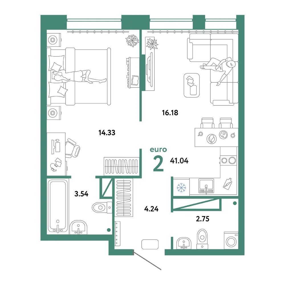 Планировка: Юнион 2-комнатная 41,04м²