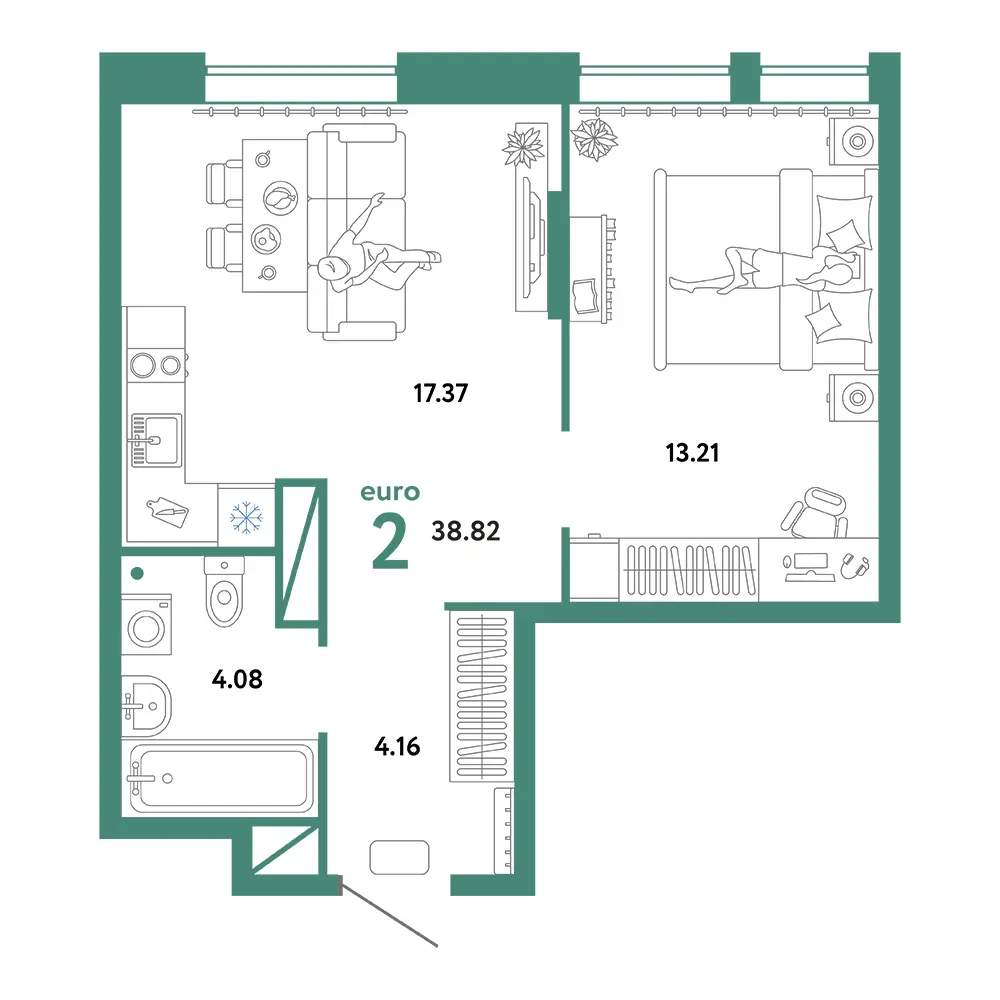 Планировка: Юнион 2-комнатная 38,82м²