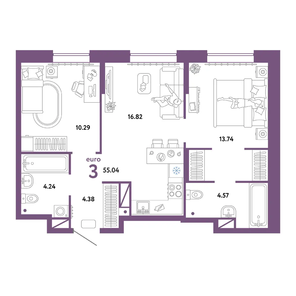 Планировка: Юнион 3-комнатная 54,04м²