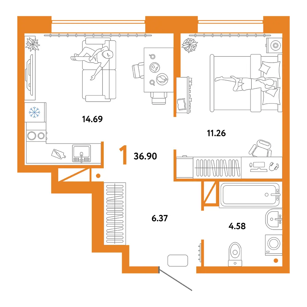 Планировка: Юнион 1-комнатная 36,90м²