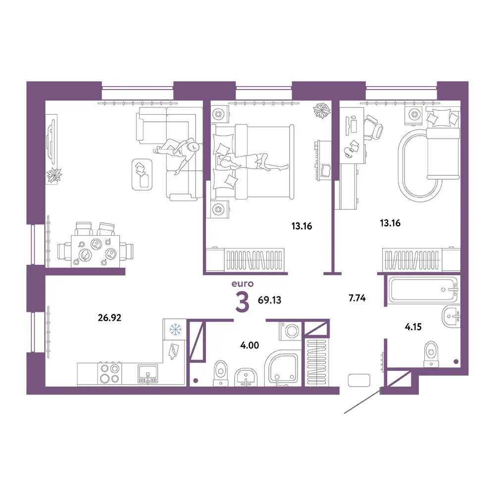 Планировка: Юнион 3-комнатная 69,13м²