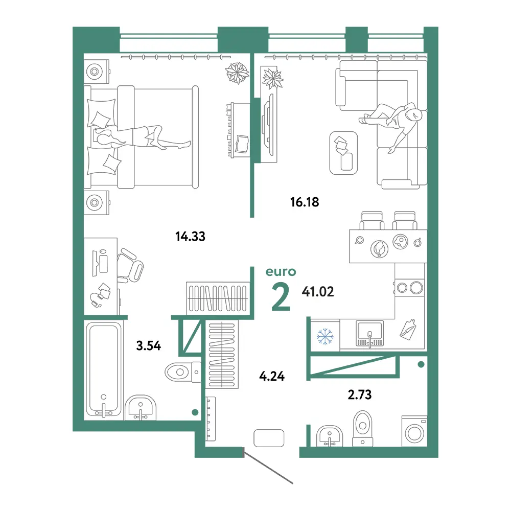 Планировка: Юнион 2-комнатная 41,02м²
