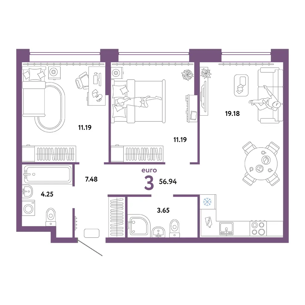 Планировка: Юнион 3-комнатная 56,94м²
