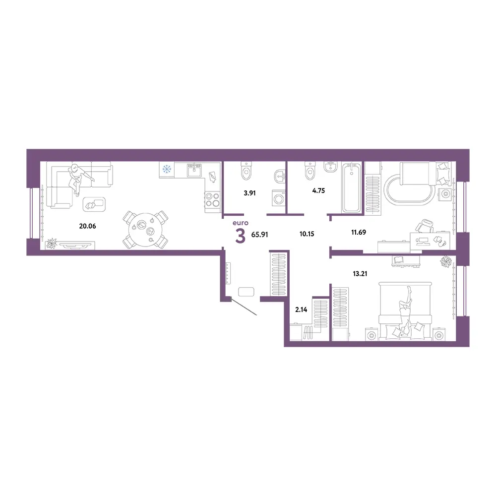 Планировка: Юнион 3-комнатная 65,91м²
