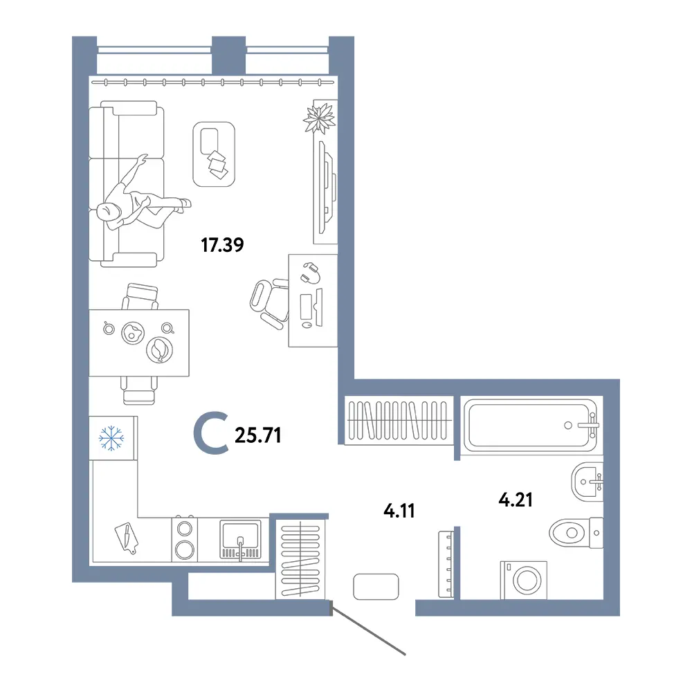 Планировка: Юнион Студия 25,71м²