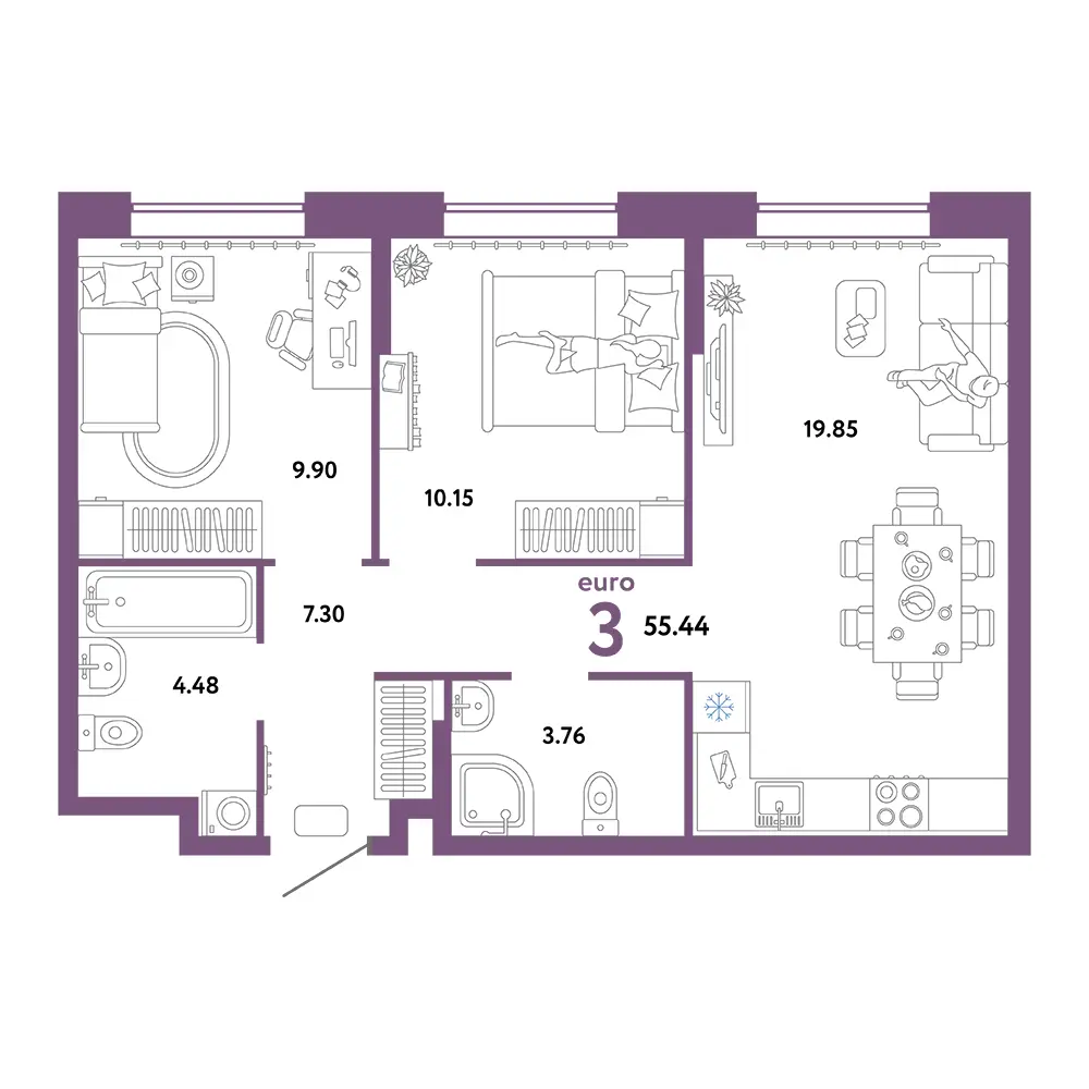 Планировка: Юнион 3-комнатная 55,44м²