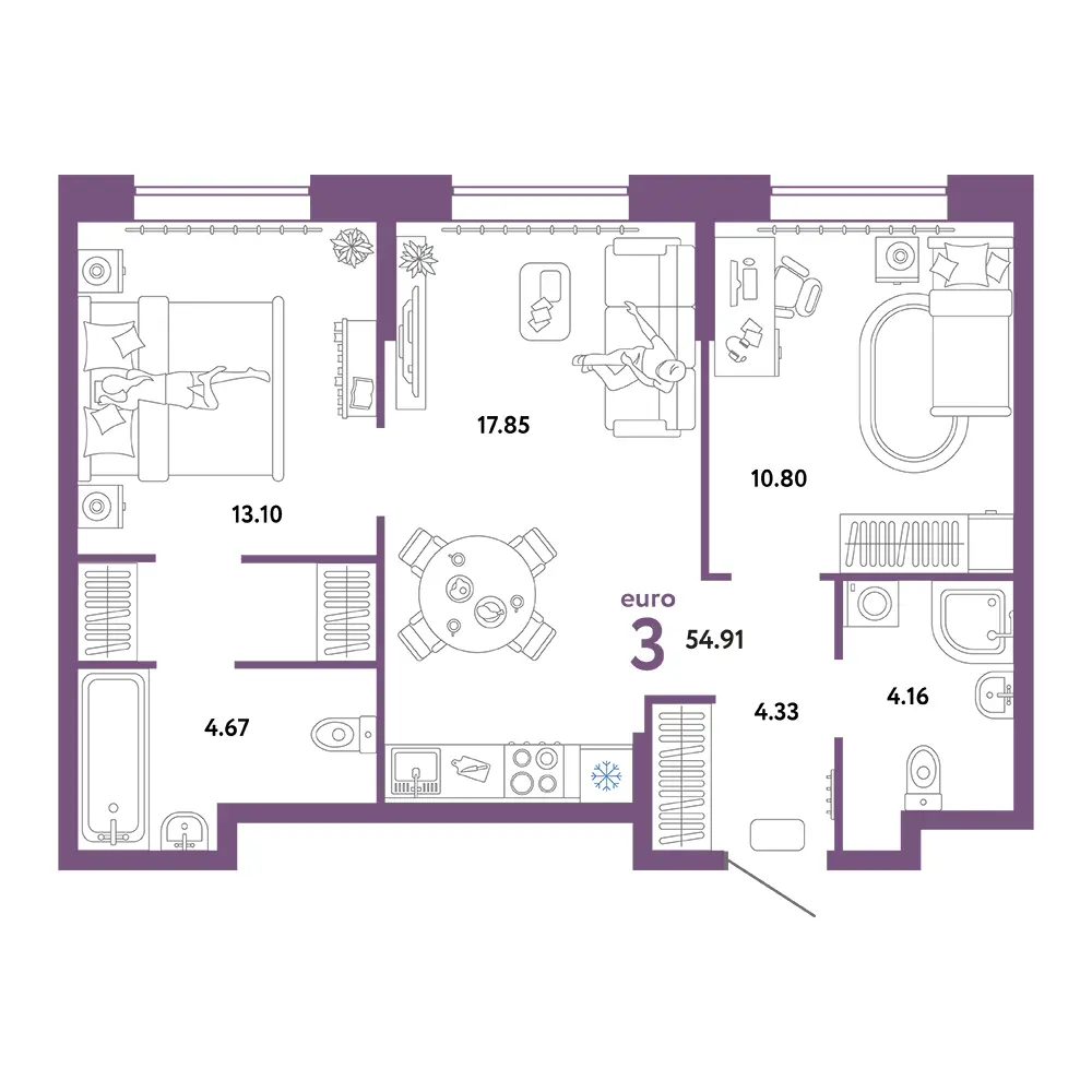 Планировка: Юнион 3-комнатная 54,91м²