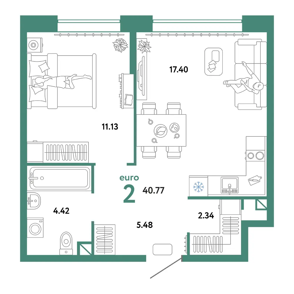 Планировка: Юнион 2-комнатная 40,77м²