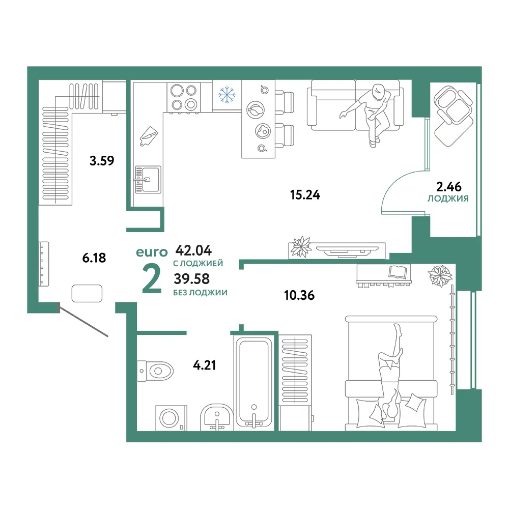 Планировка: Юнион 2-комнатная 42,04м²